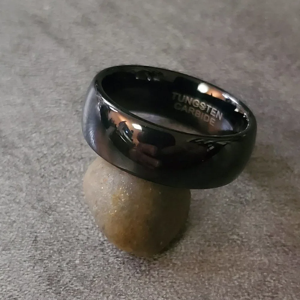 Engraved Mens Real Black Tungsten Wedding Band Dome Design Durable Black Coating